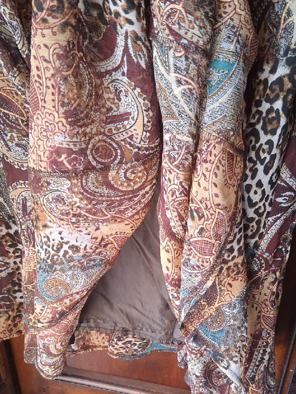 New! Andre Oliver Paisley and Leopard Print Midi Skirt in Brown and Gold Sz 8 - Picture 6 of 11